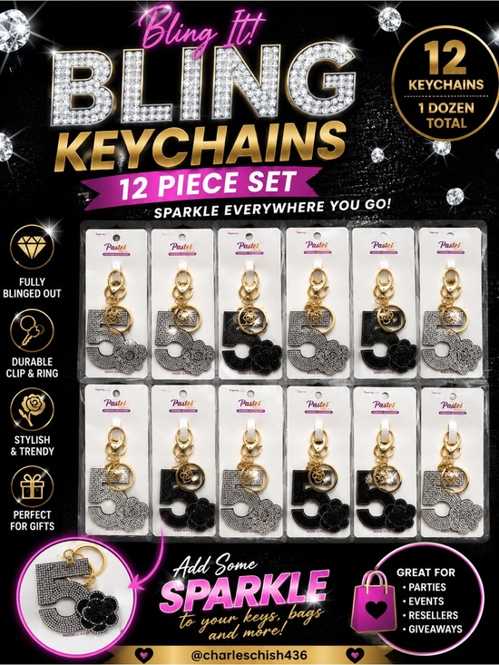 Accessories - Bling It! 12-Piece Sparkle Number 5 Keychain Set — Black/Silver